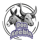 Logo featuring the heads of a donkey and a bull, surrounded by circular designs and the text 'Don Keeble' at the bottom.